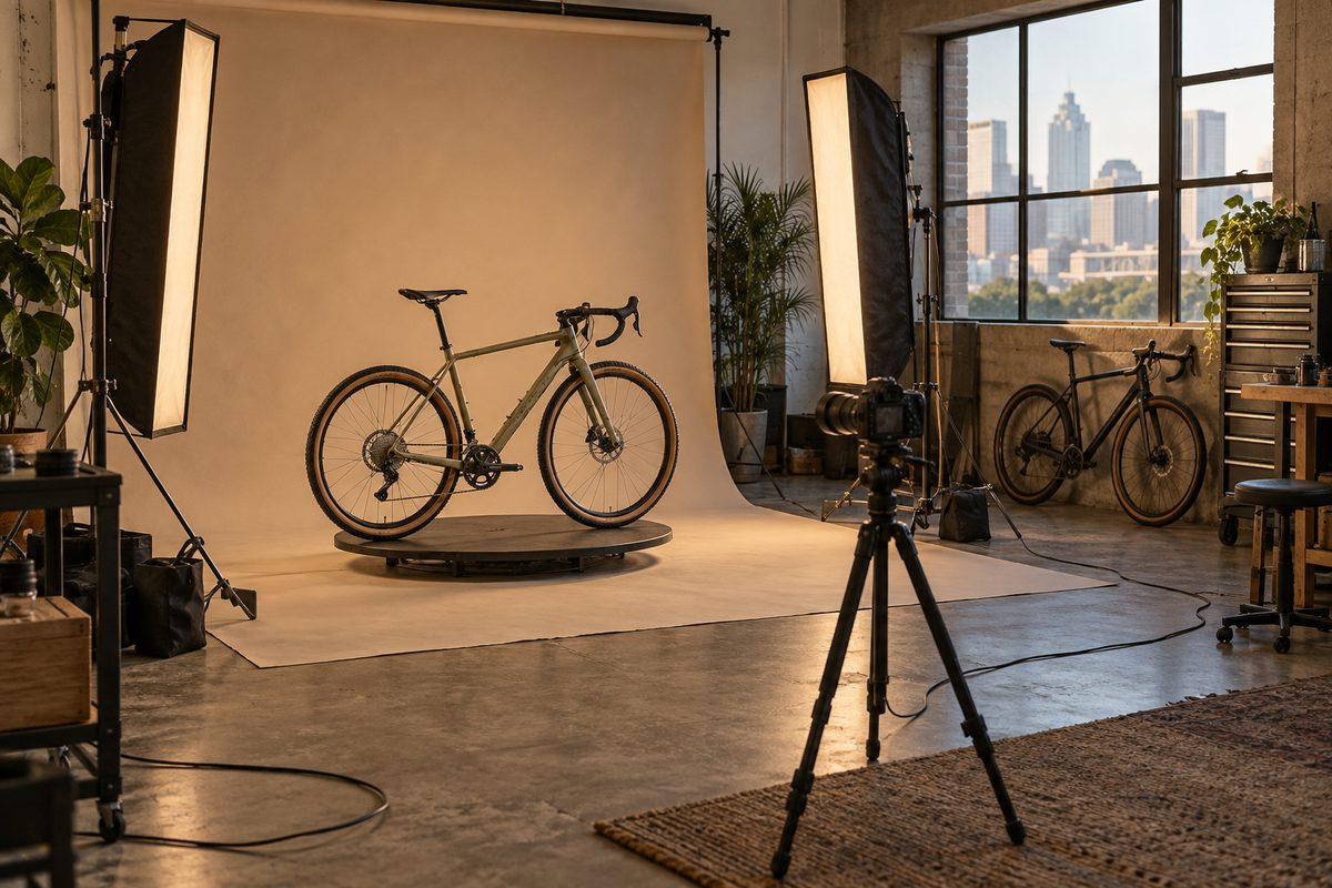 Catalogue set with a paper sweep, two strip lights, a tripod and a gravel bike on a turntable