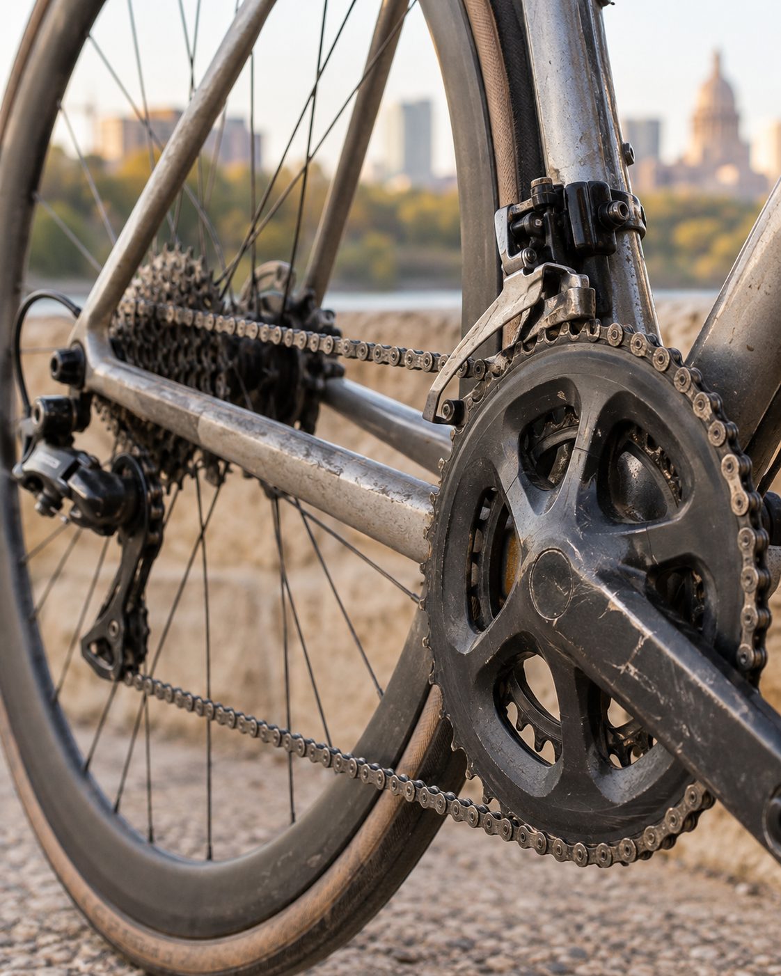 Close-up of a used drivetrain with the chainstay scuffs left visible