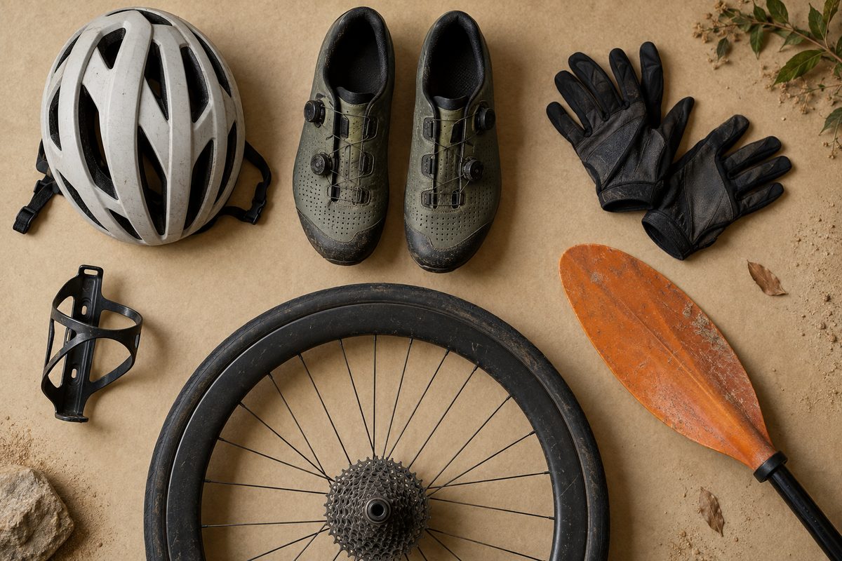 Helmet, cycling shoes, gloves, a bottle cage, a wheel and a paddle blade laid out on sand-coloured paper