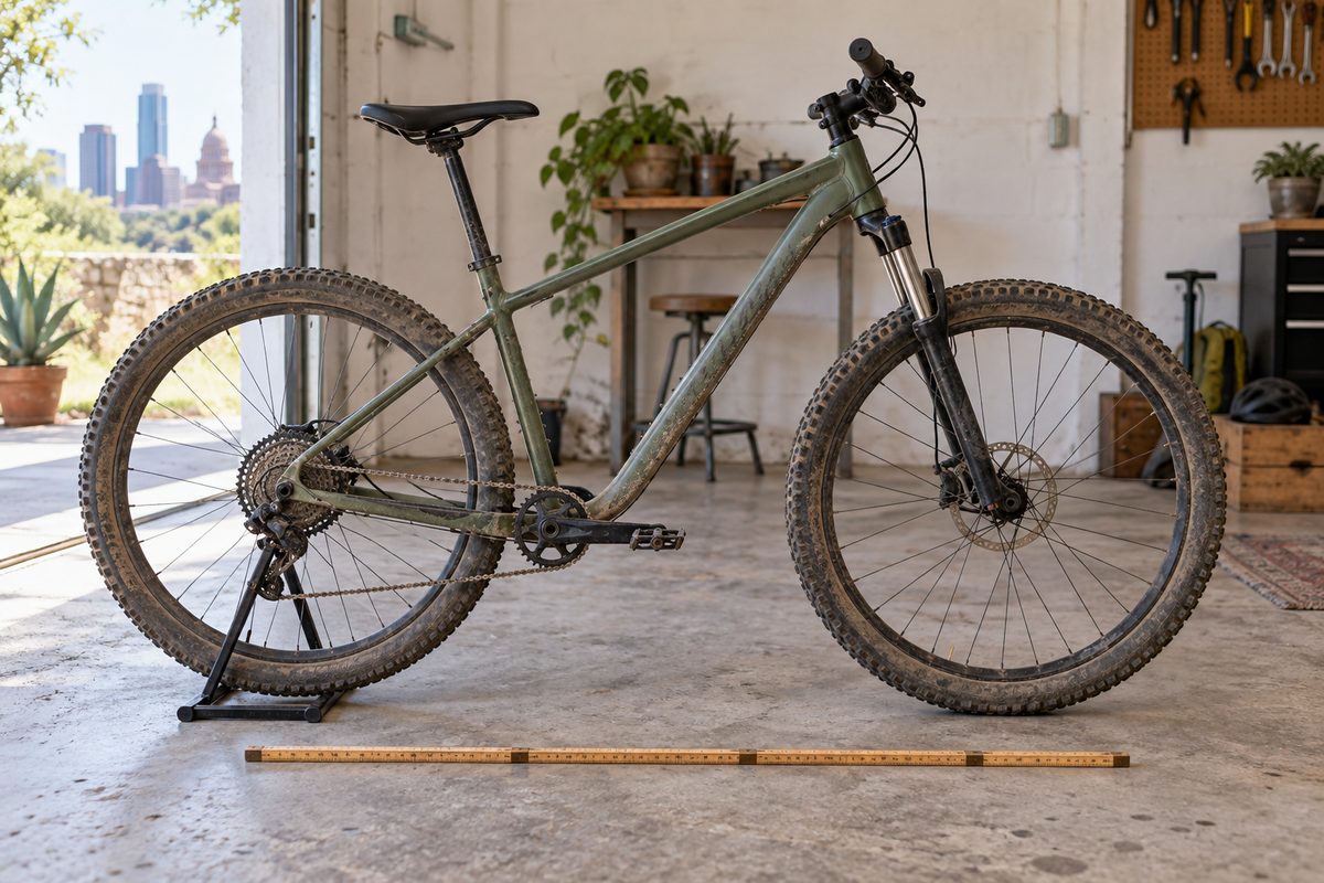 Used hardtail mountain bike set for a listing shot with a one-metre rule on the floor for scale