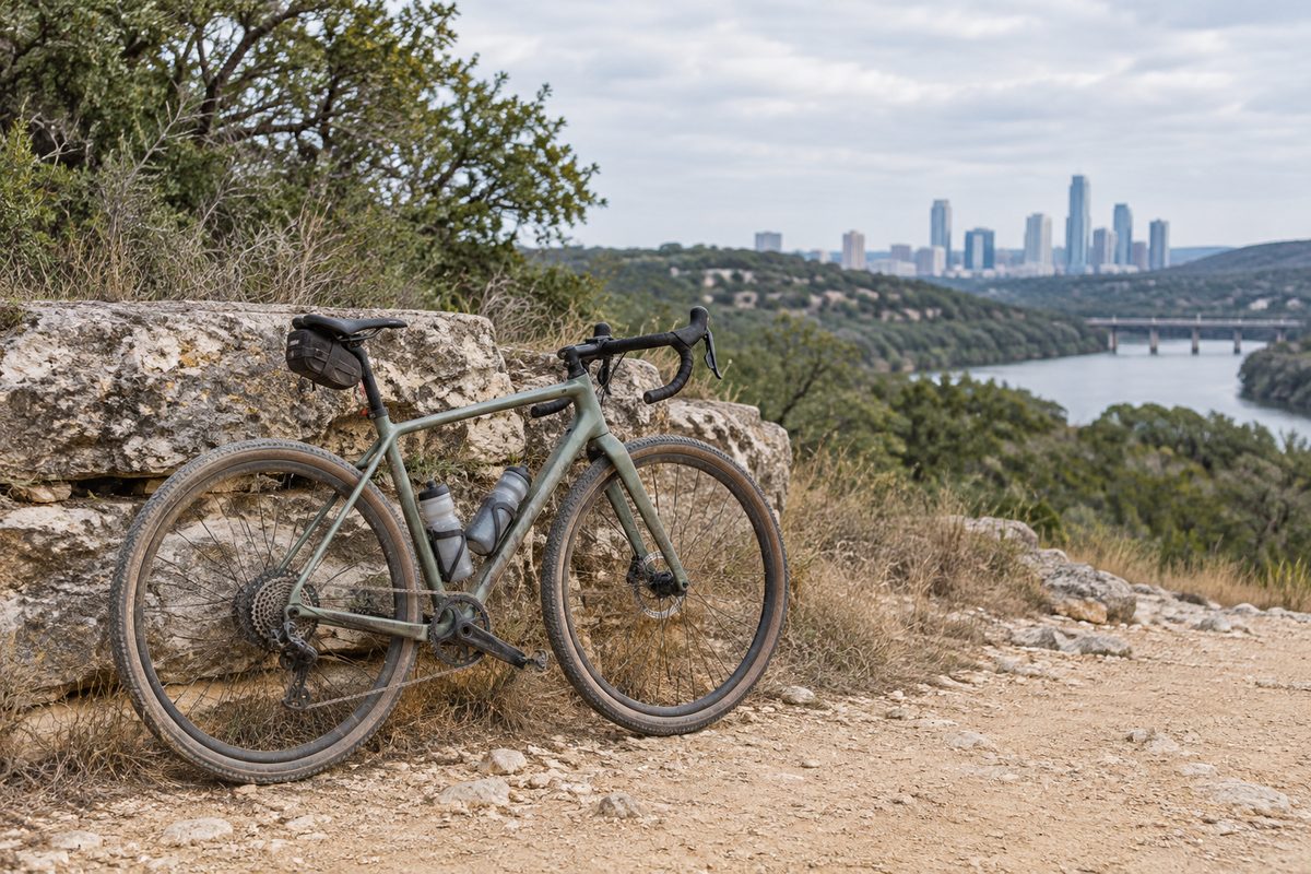 Gravel bike leaning on a limestone ledge beside a dusty trail outside Austin