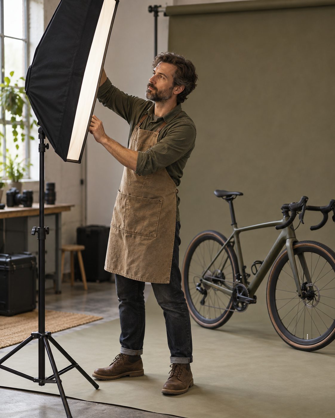 Velorenta's lead photographer adjusting a strip light beside a road bike on the studio sweep