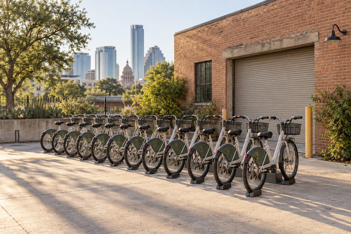 Twelve city rental bikes with baskets lined up in a yard for a fleet shoot