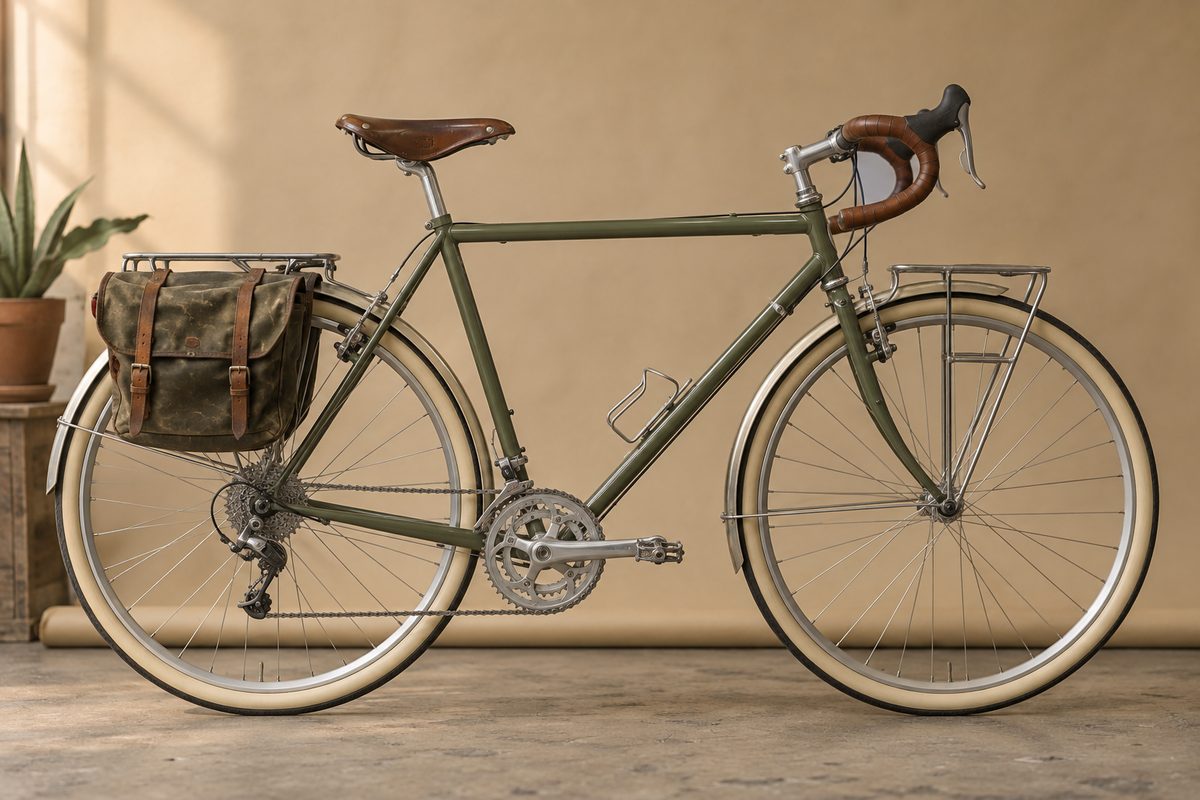 Steel touring bike in drive-side profile on a sand-coloured paper sweep in the Velorenta studio
